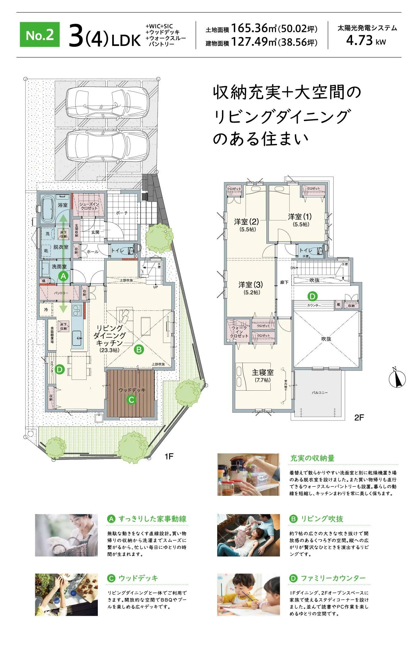 No.2 4(3)LDK +WIC+SIC+ウッドデッキ+ウォークスルーパントリー 土地面積 165.36㎡（50.02坪） 建物面積 127.49㎡（38.56坪） 太陽光発電システム 6.12kW 収納充実＋大空間のリビングダイニングのある住まい 充実の収納量：着替えて散らかりやすい洗面室と別に乾燥機置き場のある脱衣室を設けました。また買い物帰りも直行できるウォークスルーパントリーも設置。暮らしの動線を短縮し、キッチンまわりを常に美しく保ちます。 A すっきりした家事動線：無駄な動きをなくす直線設計。買い物帰りの収納から洗濯までスムーズに繋がるから、忙しい毎日にゆとりの時間が生まれます。 B リビング吹抜：約7帖の広さの大きな吹き抜けで開放感のあるくつろぎの空間。縦への広がりが贅沢なひとときを演出するリビングです。 C ウッドデッキ：リビングダイニングと一体でご利用できます。開放的な空間でBBQやプールを楽しめる広々デッキです。 D ファミリーカウンター：1Fダイニング、2Fオープンスペースに家族で使えるスタディコーナーを設けました。並んで読書やPC作業を楽しめるゆとりの空間です。